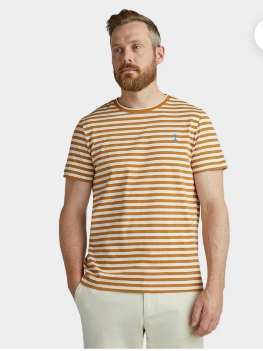 Tilley Marine Striped Cotton T‑Shirt in Tan & White with Anchor Logo-Size XL